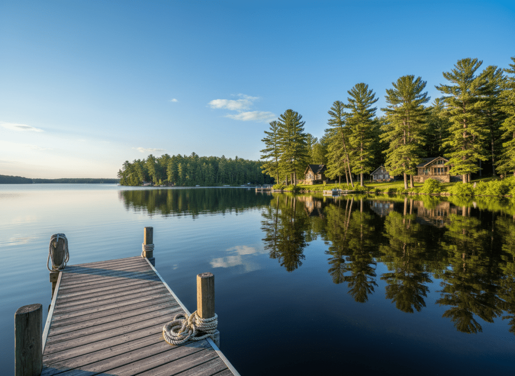 A wide, panoramic photographic view of Secord Lake on a calm summer morning, the glassy water surface reflecting a bright blue sky with a few soft clouds. The shoreline curves gently from foreground to distance, lined with mature green pines and cozy waterfront cottages barely visible through the trees. A rustic wooden dock with neatly coiled ropes extends from the lower left, emphasizing depth. Soft, natural morning light creates subtle ripples of highlight on the water and gentle shadows under the dock. Captured from an eye-level perspective with sharp focus throughout, the scene feels serene, professional, and trustworthy, ideal as a hero image for a Secord Lake water level and real estate guidance website, in clean photographic realism.