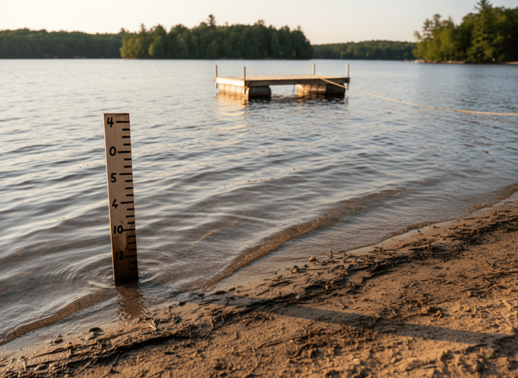 A carefully framed photographic shoreline scene of Secord Lake, focusing on a sandy and slightly rocky lake edge where the current waterline is clearly visible against a darker, damp strip of earth. A weathered wooden yard stake with neatly hand-applied measurement marks stands in the foreground, partially submerged. In the midground, a small floating dock rides gently at the current level, while in the background the opposite tree-lined shore is softly detailed. Late afternoon light casts warm, angled highlights across the ripples and subtle shadows from the stake, conveying clarity and precision. Shot from a low, shoreline-level perspective with moderate depth of field, the mood is calm, observant, and informative, ideal for time-stamped water level photo documentation.