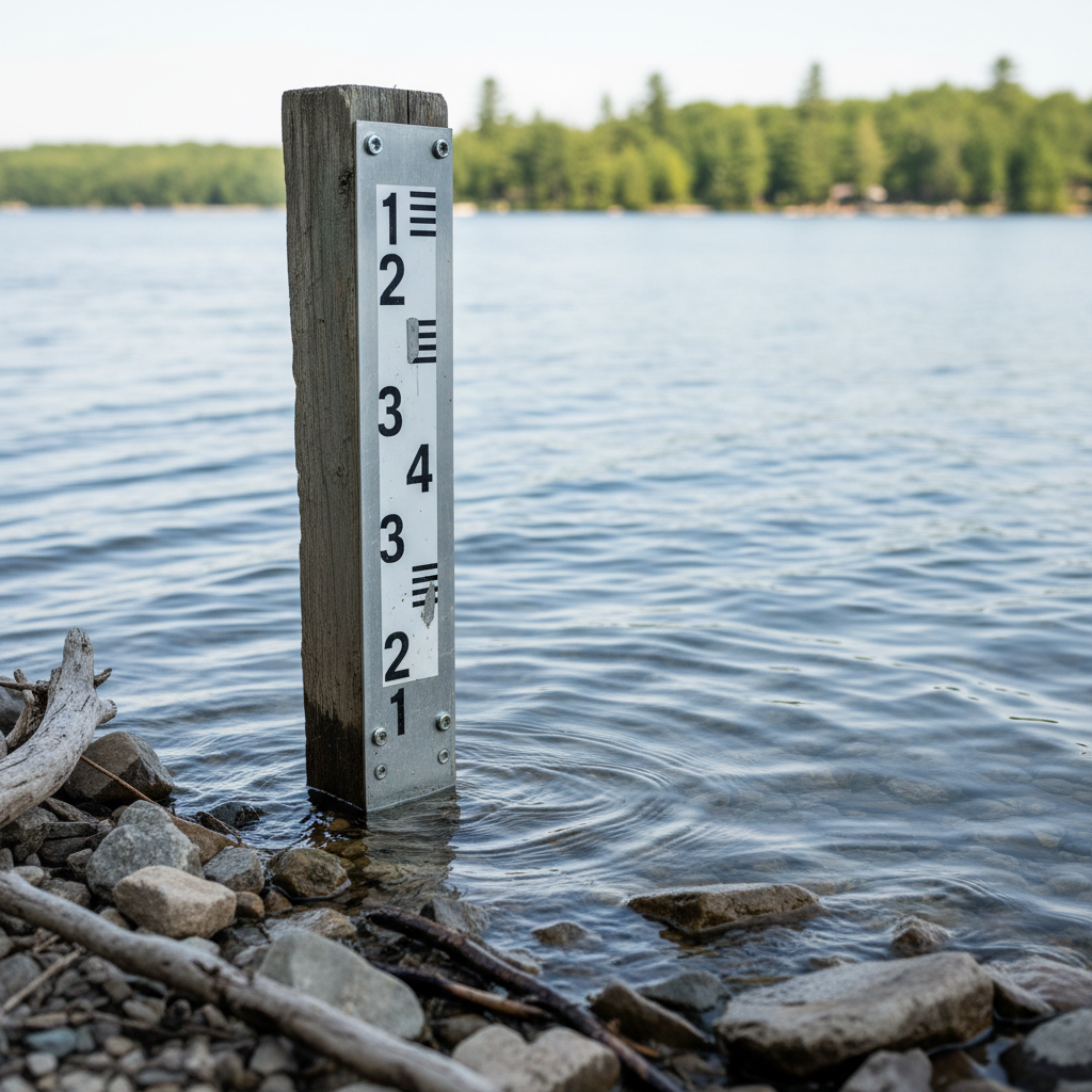 A clear, documentary-style photographic image of a rugged aluminum water level gauge installed along a rocky section of Secord Lake’s shoreline. The vertical gauge features bold black numeric markings on a white background, partially wet at the base where gentle ripples meet the shore. Smooth, rounded stones and a few driftwood pieces surround the post, adding natural texture. Bright but slightly diffused midday sunlight reveals every detail without harsh contrast, creating crisp, readable markings. Shot from an eye-level angle with a shallow depth of field that keeps the gauge in sharp focus while softly blurring the water and far tree line, the mood is precise and monitoring-oriented, ideal for illustrating technical water-level updates in a professional, trustworthy manner.